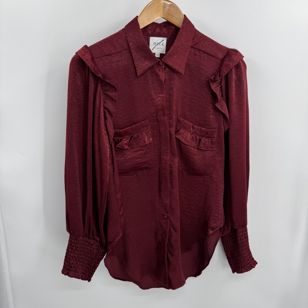 MISA‎ Los Angeles Shirt Womens XS Burgundy Ruffle Pocket Blouse Office Oversized